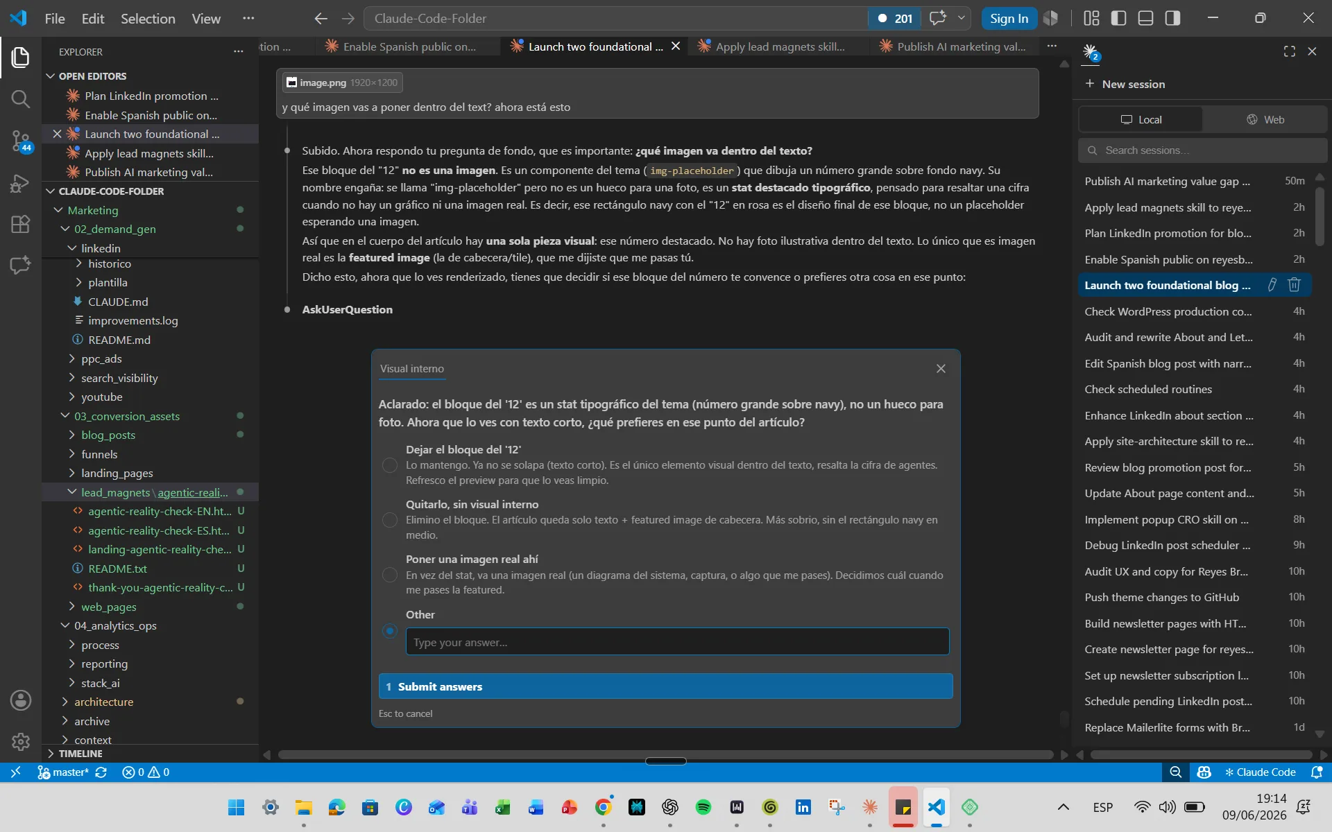 The Marketing OS running in VSCode with Claude Code: the system's agent and skill tree and the active working sessions.
